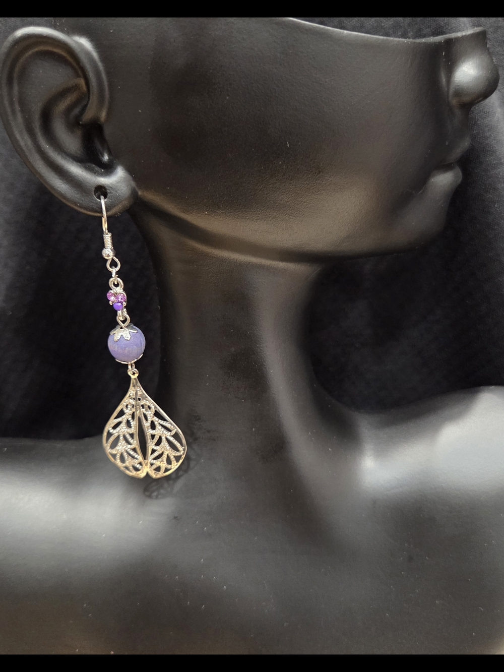 Silver Filigree Teardrop Earrings with Purple Bead - Women Jewelry